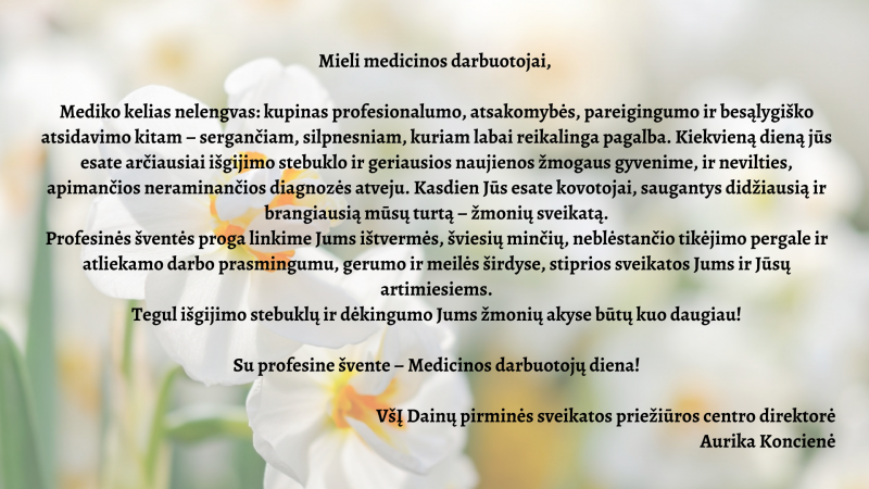 Sveikinimas su profesine medicinos darbuotojų diena